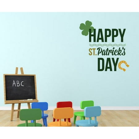 Happy St. Patricks Day Quote 4 Leaf Clover and Horseshoe St Patrick's Day Wall Decal - Vinyl Decal - Car Decal - Idcolor056 - 25 Inches