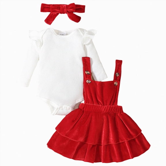 NOLDARES Baby Girls Fall Outfit Bow Print Ruffle Romper Suspender Skirt Headband 3PCS Infant Toddler Christmas Dresses(Red,3-6 Y)