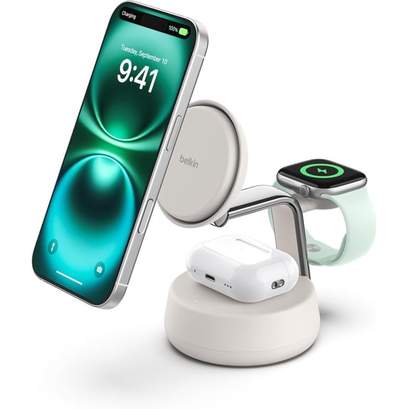 Restored Belkin UltraCharge Pro 3-in-1 Magnetic Charging Dock - Sand (Refurbished)