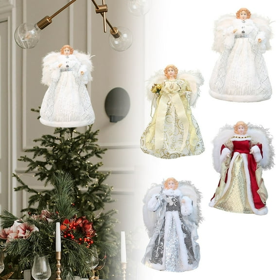 Christmas Tree Topper Angel Treetop 12 Inch Standing Red Angel Xmas Trees Wings Topper Figurine Gift for Home Holiday Decorations Winter Ornament