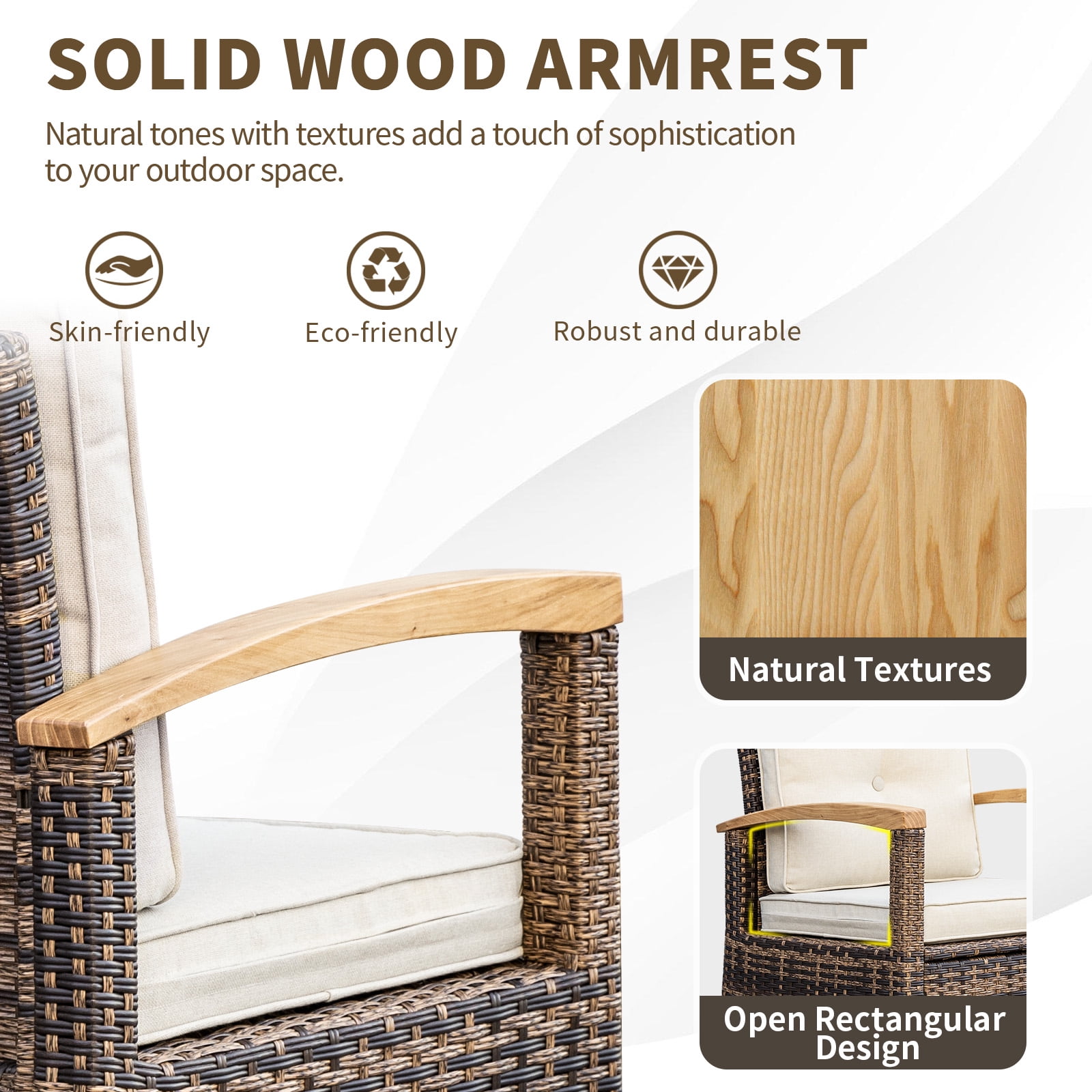 MEISSALIVVE 8 Pieces Outdoor Patio Furniture Sets, Wicker Patio Conversation Sets with 2 Wood Armrests Swivel Glide Chairs,2 Single Chairs, 3-seat Sofa and Coffee Table(Beige)