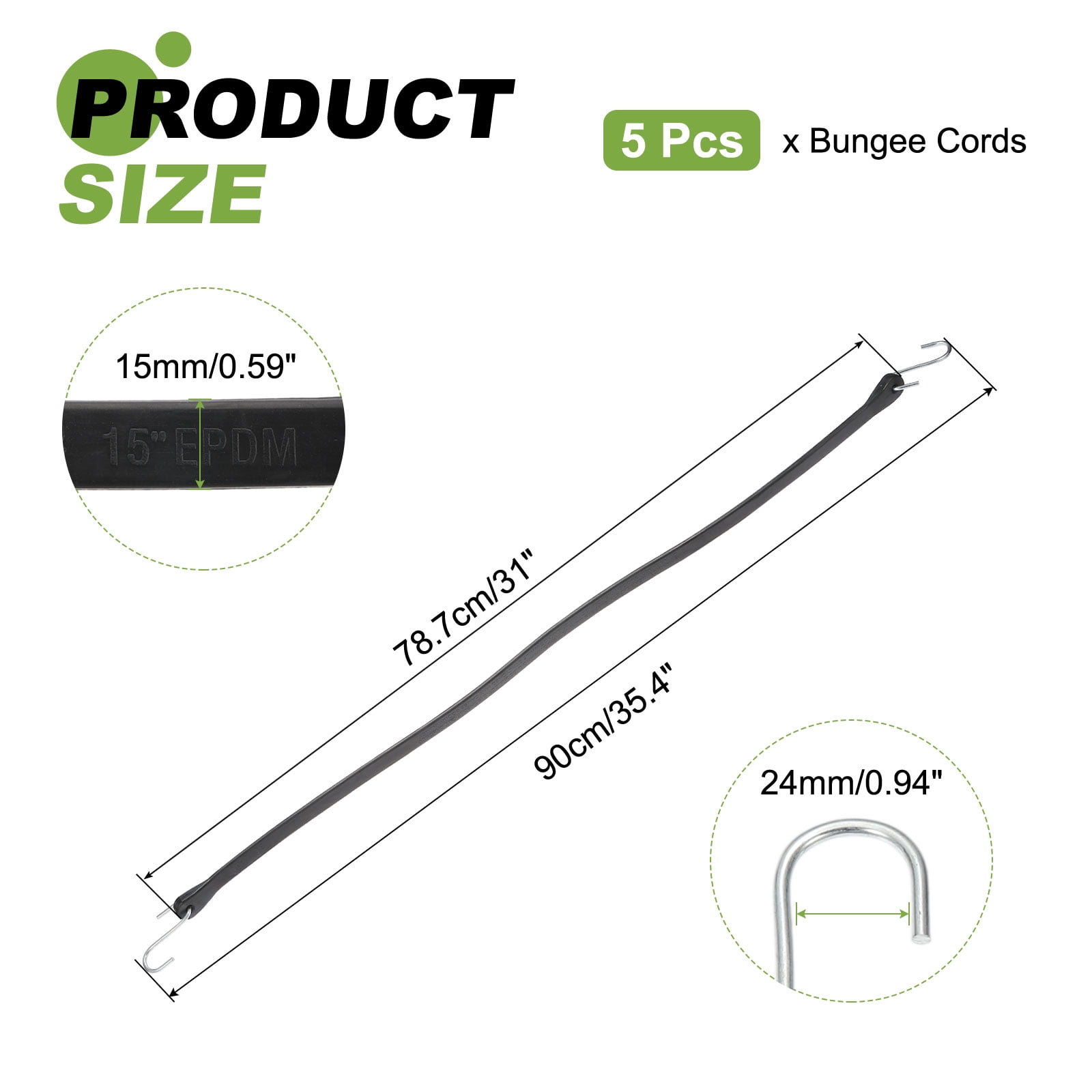 5Pack 31" Bungee Cords with Hooks for Securing Tarps Cargo Trucks Canvases, Black