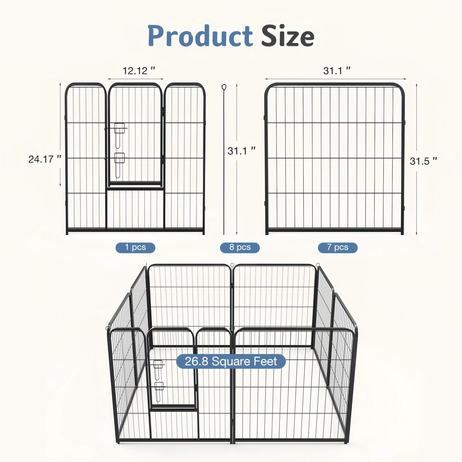 Kelno 32" Tall Dog Playpen 8 Panels Adjustable Metal Pet Fence with Lockable Door Indoor Outdoor Dog Crate Enclosure for Medium Large Dogs