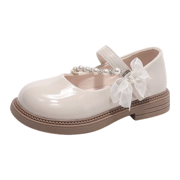 Otqutp Girls Dress Shoes School Uniform Mary Jane Shoes Ballet Princess Pearl Lace Bow Wedding Party Flats for Toddler Kids