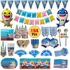 Baby Shark Party Supplies | Shark Themed Birthday Decorations| Includes Disposable Tableware Kit, Hats, Gift Bag and Banner, Blowouts, Balloon, Cake Toppers & Pennant for Baby Shark Party [154 Pc]