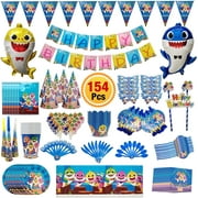 Baby Shark Party Supplies | Shark Themed Birthday Decorations| Includes Disposable Tableware Kit, Hats, Gift Bag and Banner, Blowouts, Balloon, Cake Toppers & Pennant for Baby Shark Party [154 Pc]