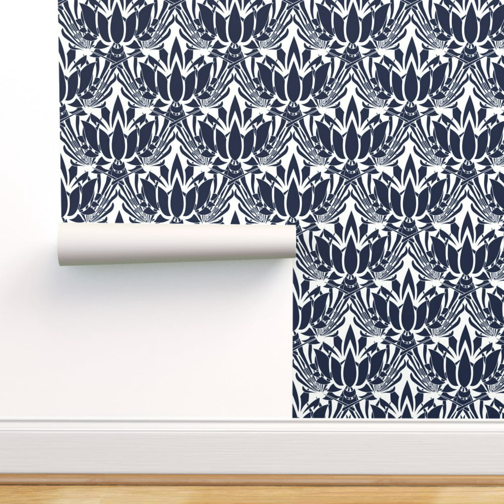 Peel-and-Stick Removable Wallpaper Dark Blue Lotus Flower Large Scale