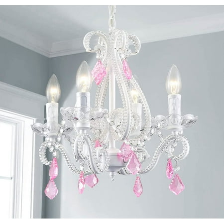

HUIXIAN Elegant Crystal Chandelier 4-Lights E12 Base White Painted with Pink Crystal Droplets D16 x H18
