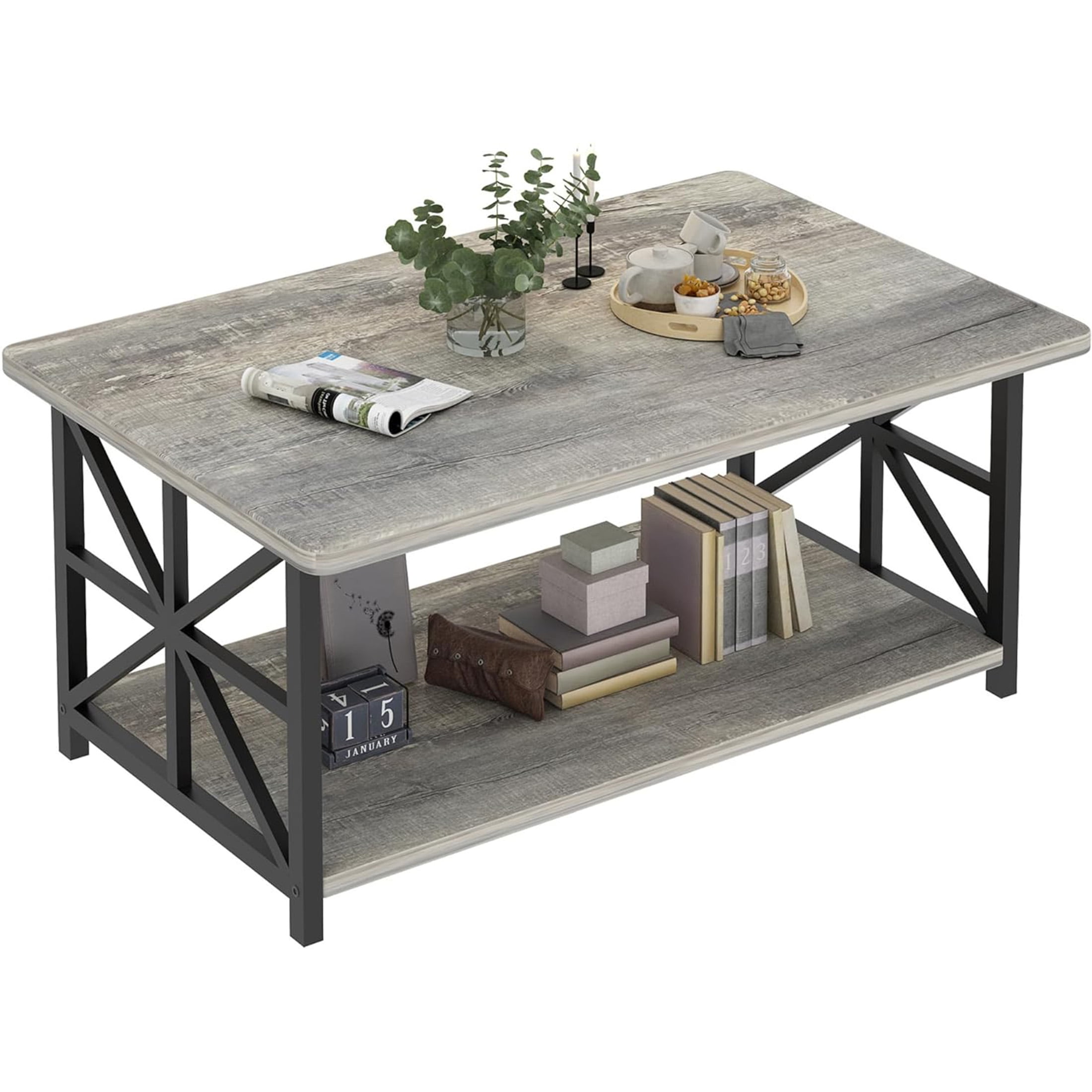 LinkRomat Rectangular Coffee Table with Storage Shelf, 2-Tier Center Table with Rounded Corners for Living Room, Small Spaces, Easy Assembly, Gray