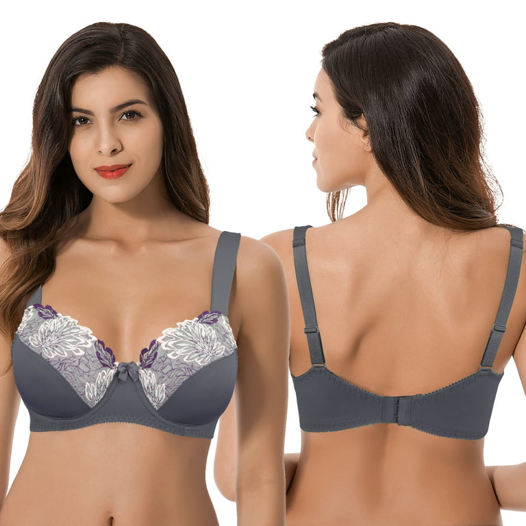 Curve Muse Womens Plus Size Minimizer Underwire Unlined Bra with Embroidery  Lace-2Pack-BUTTERMILK,GRAY-48DD