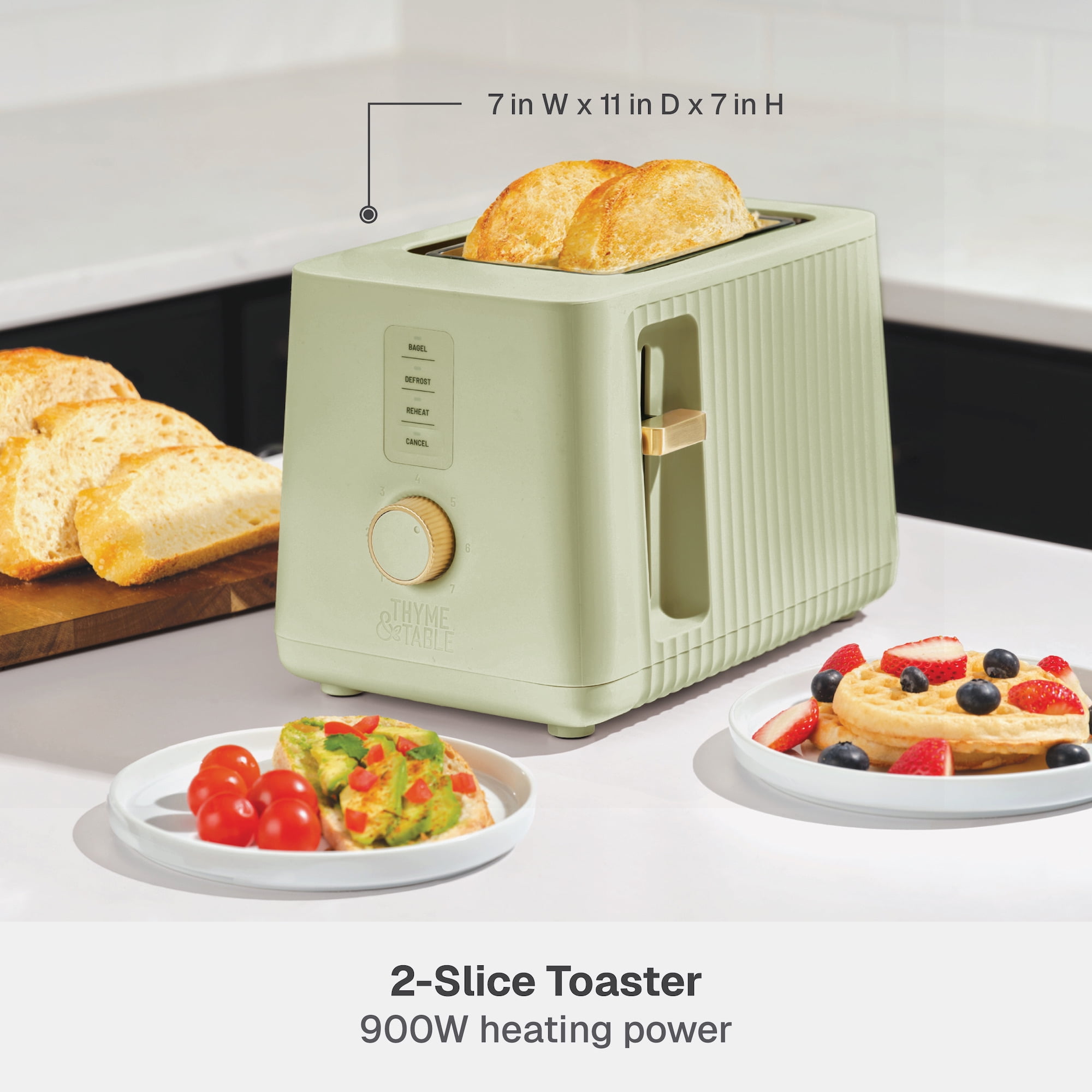 Thyme & Table 2-Slice Toaster, Extra-Wide Slots with Removable Crumb Tray, Eucalyptus Green