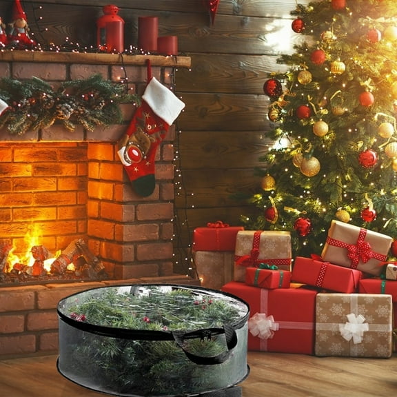 Clear Wreath Storage Bag Wreath Storage Container, Heavy Duty Wreath Protector with Handle for Holiday Seasonal Wreath,Garland Storage Bag Tear- Double Zipper Transparent Storage Bag