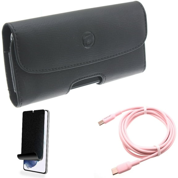 For Samsung Galaxy S21 (6.2") - PD Fast Charger USB-C to Type-C Pink 10ft Long Cable   Holster Leather Case Belt Clip   [Fingerprint Works] TPU Film Privacy Screen Protector