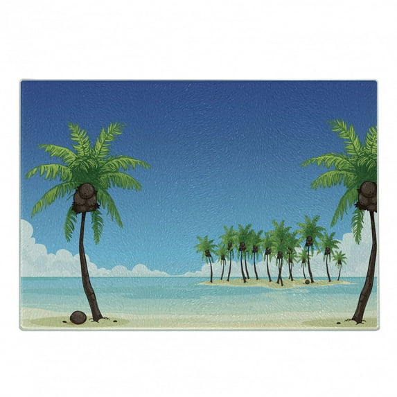 Fiji Cutting Board, Illustration of Many Coconut Palm Trees on an Island Away in the Ocean, Decorative Tempered Glass Cutting and Serving Board, in 3 Sizes, by Ambesonne