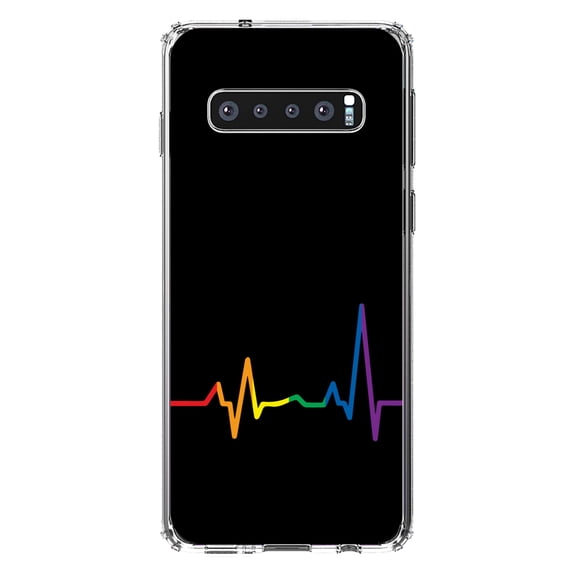 DistinctInk Clear Shockproof Hybrid Case for Samsung Galaxy S10  PLUS(6.4" Screen) - TPU Bumper, Acrylic Back, Tempered Glass Screen Protector - Rainbow Pulse Heart Beat -LGBTQ Support