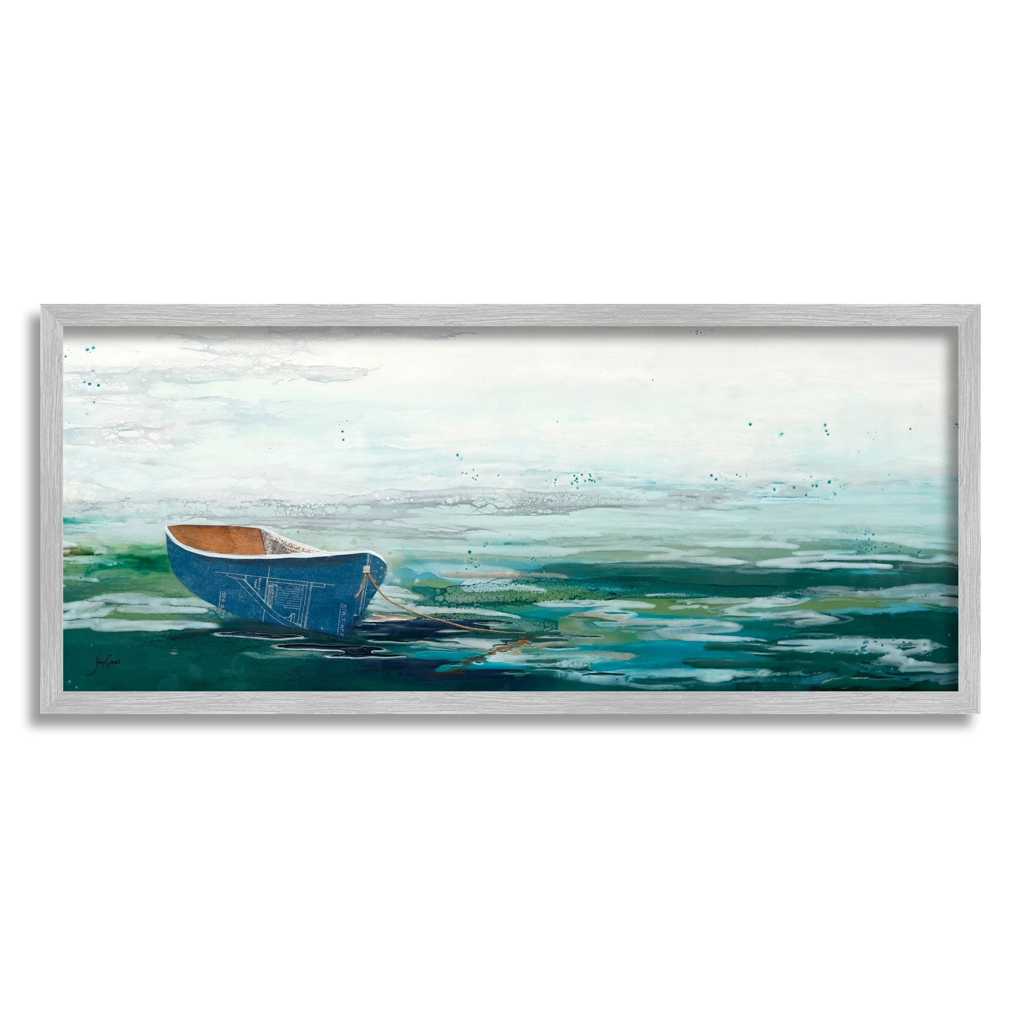 Stupell Industries Lone Dinghy Boat Floating Ocean Water Collage Painting Gray Framed Art Print Wall Art, Design by Stacy Gresell