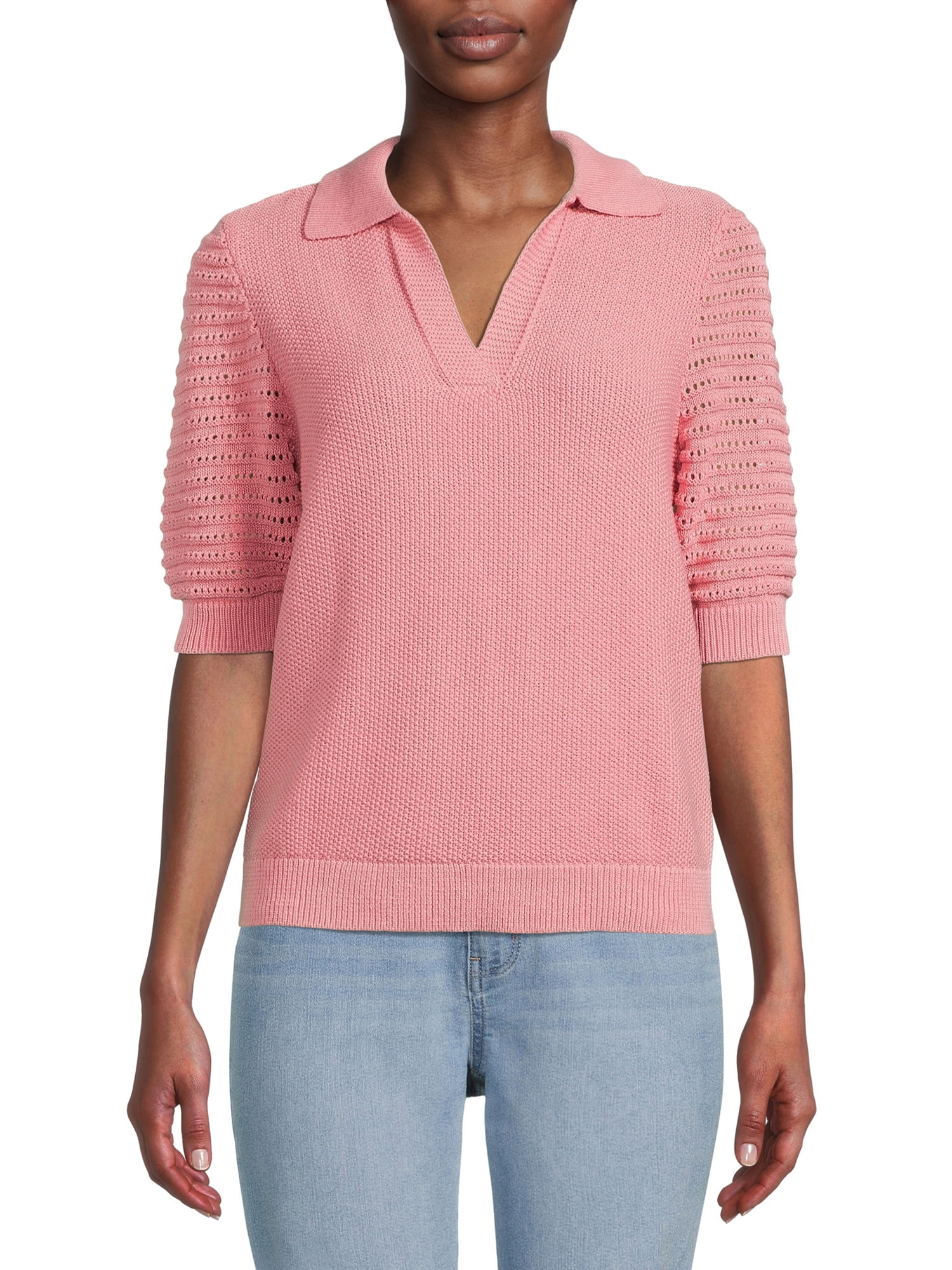 Time and Tru Women's Elbow Sleeve Polo Sweater, Midweight