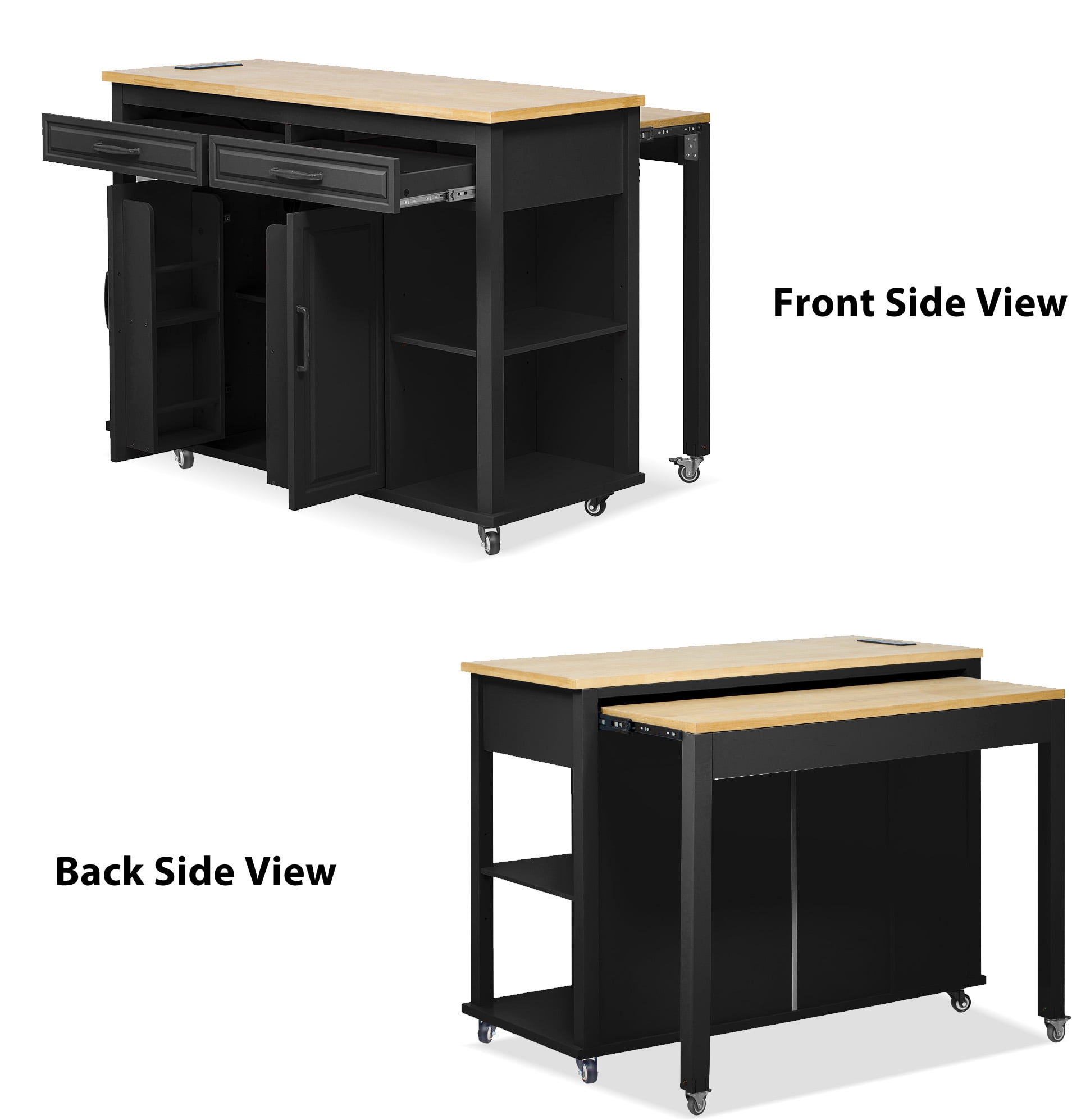 Homy Casa 47" Kitchen Island with Extendable Dining Table, Storage Cabinets, Drawers, Power Outlet, Black