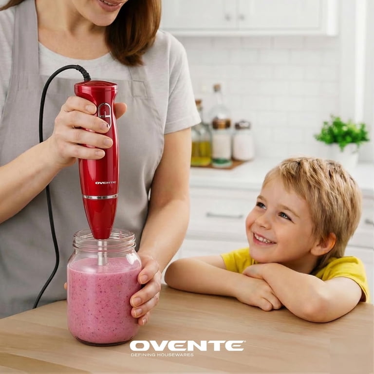 OVENTE Electric Hand Blender 300W, 2 Speeds, Stainless Steel, Red