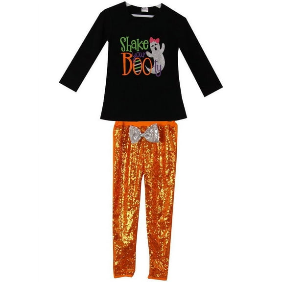 Toddler Girls 2 Pieces Pant Set Halloween BootyT-Shirt Top Sequin Kids Outfit Black 2T XS (P201644P)