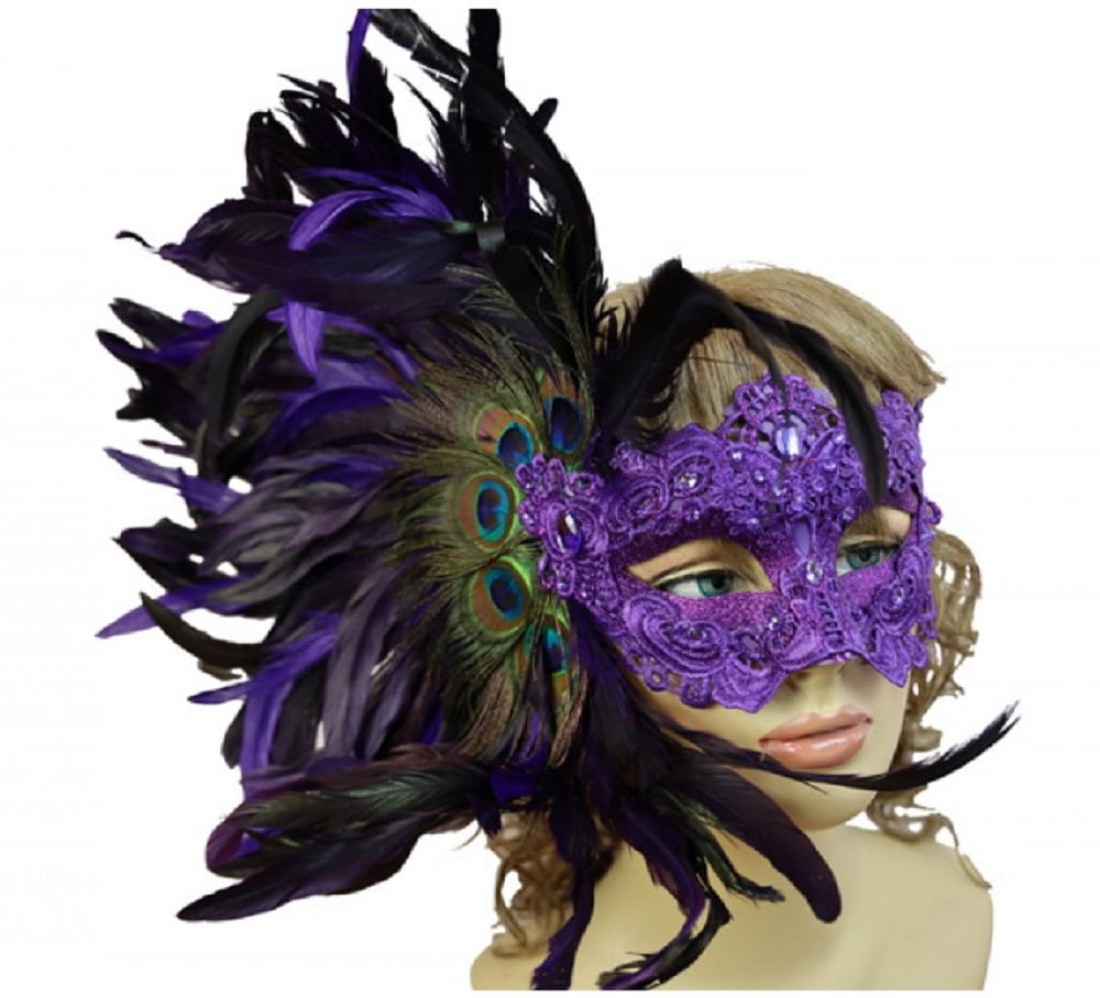 Peacock Feathers Womens Mardi Gras Venetian Masquerade Mask with Glitters & Gems 