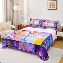 Manfei Peace Love Cheer Queen Sheet Sets for Girls, Gymnastics Flat Sheet, Purple Watercolor Patchwork Queen Fitted Sheet, Microfiber Bedroom Decor, 4pcs