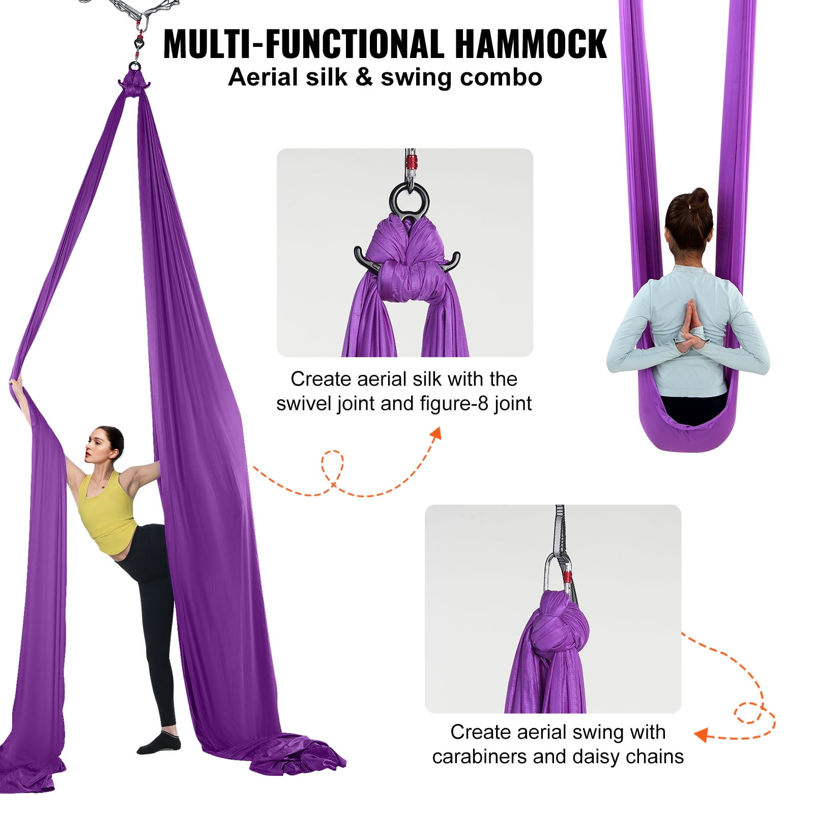 KFFKFF Aerial Silk & Yoga Swing, Aerial Yoga Hammock Kit, Nylon, 9×3.06 yards, Purple