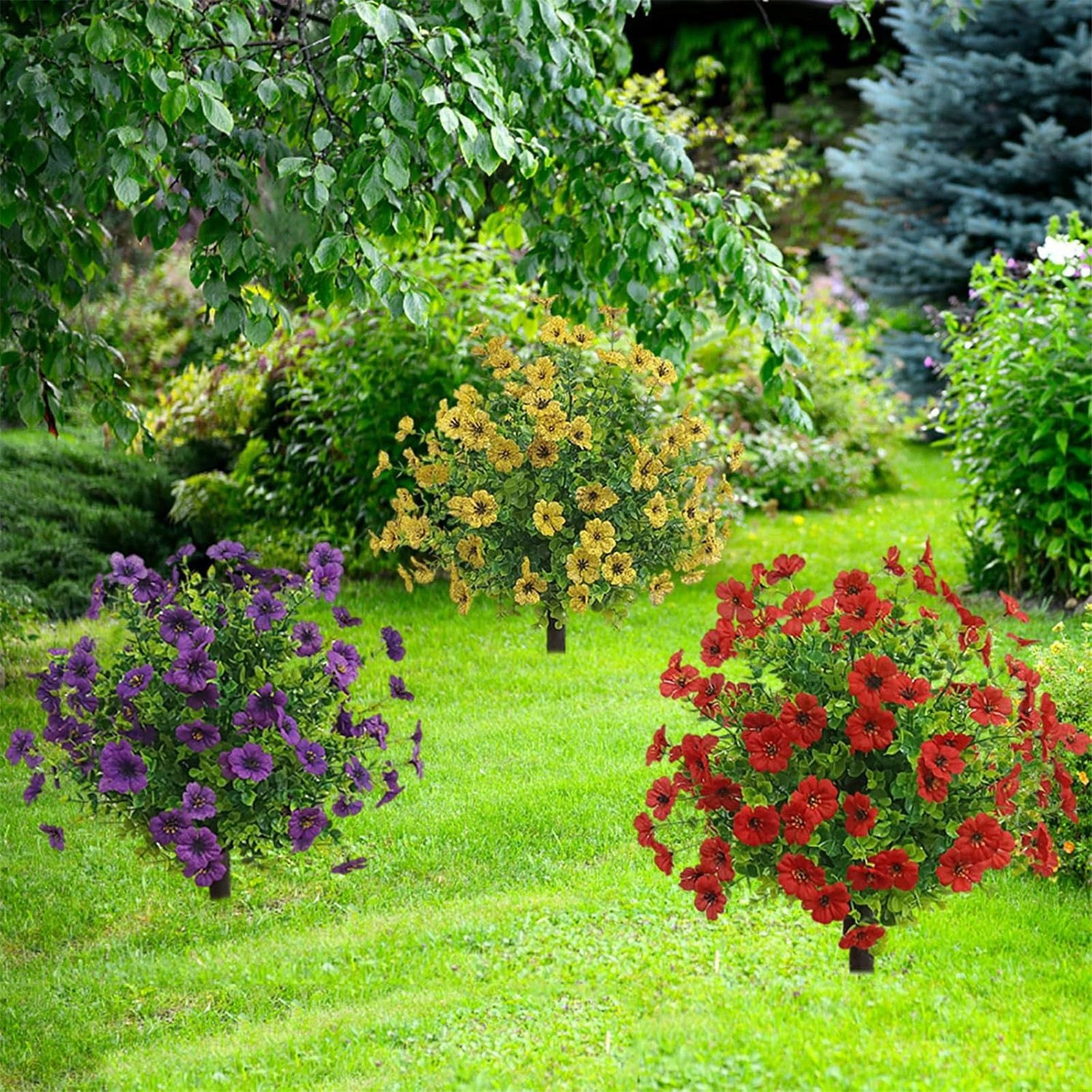 Artificial Outdoor Plants, 23.62X15.74inch Fake Hibiscus Bushes with Stakes, Faux Morning Glory Flower Plant Stakes, Faux Flower Topiary Balls with Ground Stakes, for Patio Yard Porch Decor