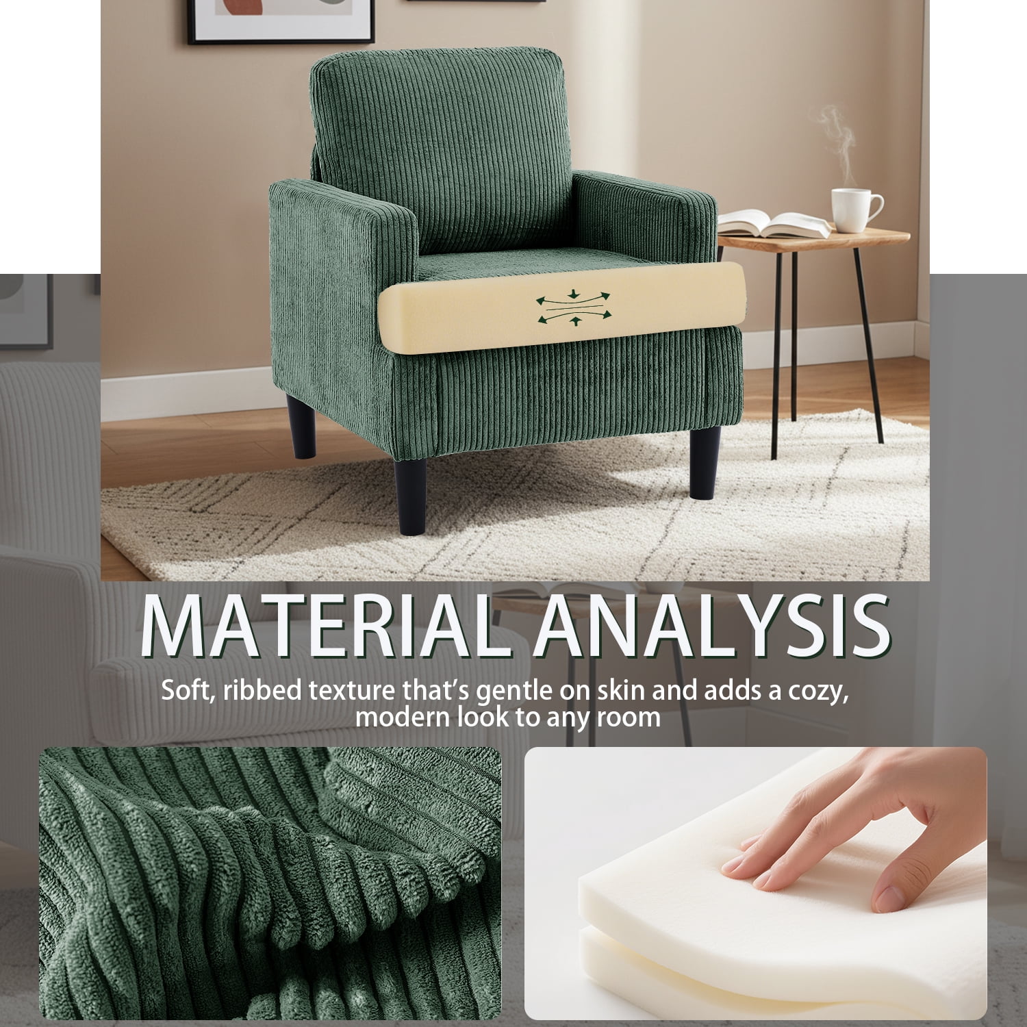 Modern Accent Chair Cozy Living Room Chairs Mid Century Modern Accent Chairs Reading Chair with Armrests for Living Room, Bedroom and Study（Green）