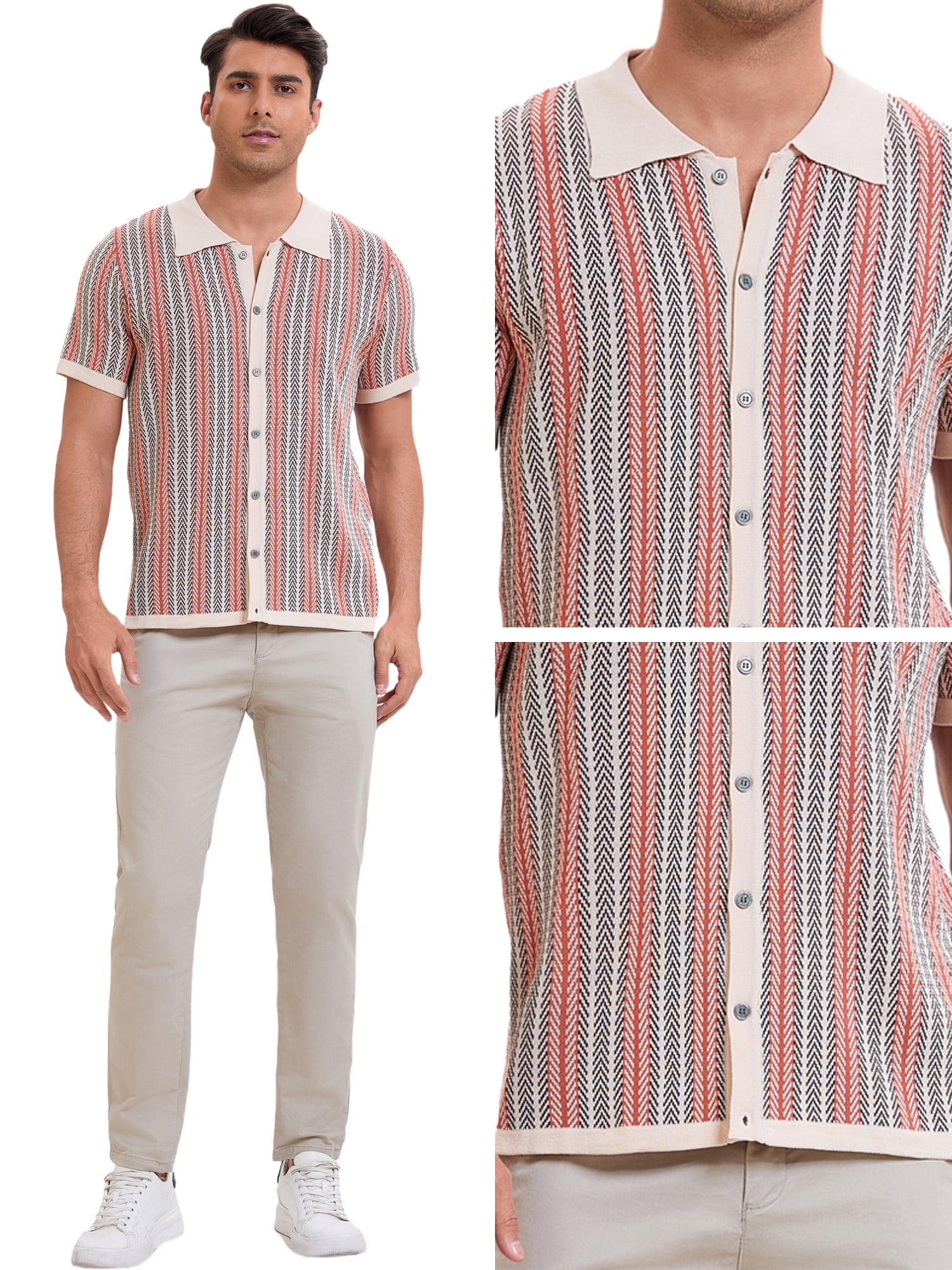 DARING DIVA Men's Striped Short Sleeves Button Down Jacquard Polo Shirts XL Khaki