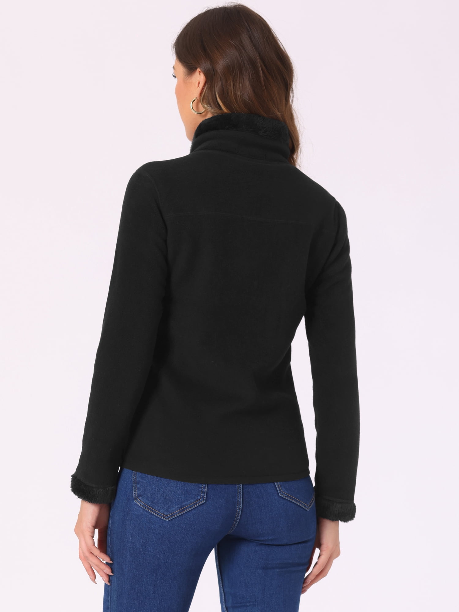 Unique Bargains Women's High Neck Full Zip Fleece Jacket Coat L Black
