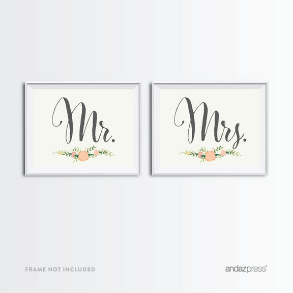 Mr. & Mrs. Bubblegum Pink Floral Roses Wedding Party Signs, 2-Pack