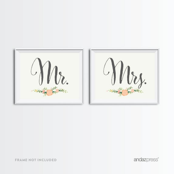 Mr. & Mrs. Bubblegum Pink Floral Roses Wedding Party Signs, 2-Pack