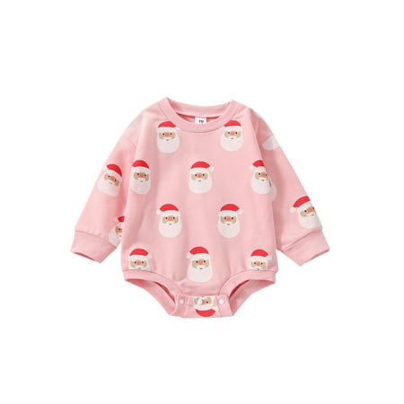 

Frobukio Toddler Baby Girls Christmas Romper Long Sleeve O Neck Santa Claus Print Playsuit Spring Casual Jumpsuit Pink 0-3 Months