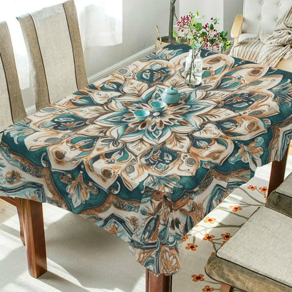 WOBOGO Greenish Brown Boho Pattern Square Tablecloth 54×54in Polyester Fabric Tablecloth Washable Dust Resistant Wrinkle Resistant