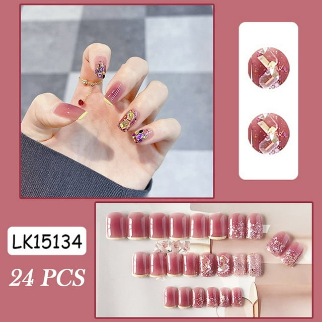24 Pcs Ongles Postiches Violet Raisin Pailletés Cube 3D Faux Ongles pour Femmes et Filles Colle Gelée