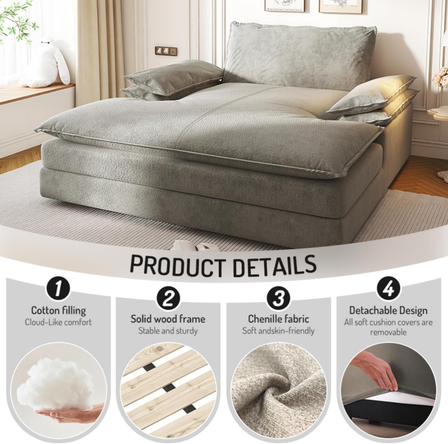 80'' Oversized Chaise Lounge Chair Indoor, Cloud Sofa Couch, Modern Deep Seat Recliner, Upholstered Chenille Sleeper Loveseat with Large Pillow Arms for Living Room, Apartment, Balcony, Grey
