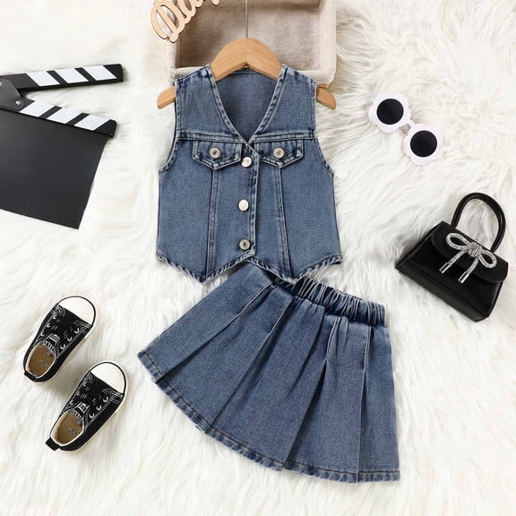 Teen Girl Clothes Sets Little Girls Cowgirl Outfits 2Pcs Skirt Set Denim Jeans Button Down Vest Top Ruffle Tiered Skirts Western Clothes 18M-6Y