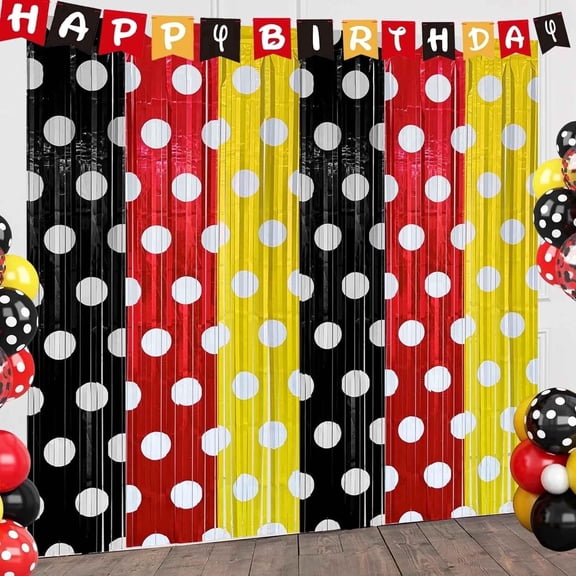 Red Black Yellow Foil Fringe Curtains Birthday Decorations, 2 Pack 3.2x6.6ft Color Tinsel Streamers Backdrop Baby Shower Cartoon Birthday Party Decorations Supplies