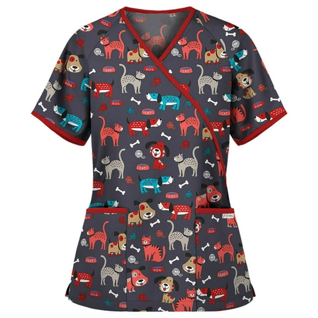 Hauts à Manches Courtes pour Femmes à Col en V Blouse T-shirt d'Uniforme de Travail pour Femmes