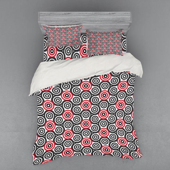 Ambesonne Geometric Bedding Set 4 Pcs, Oval Mosaic, Queen, Red Black