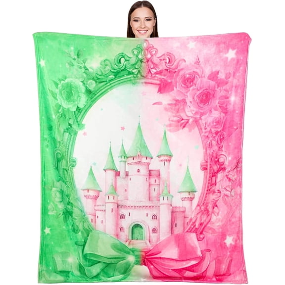 Witch Throw Blanket Pink and Green Vintage Flannel Blanket Witch Merch Princess Castle and Bow Party Decor Birthday Musical Gifts for BFF Couples Movie Night Bedding Sofa Picnic Stuff
