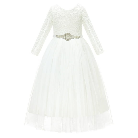 Ekidsbridal Girl Pageant Flower Girl Dress - Long Sleeves Scalloped Lace A-Line Tulle 290R7-A (Size: M-10)