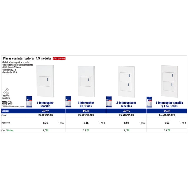 Placa armada 1 interruptor, 1.5 módulos, Española, blanco Volteck Placa armada 1 interruptor, 1.5 módulos, Española, blanco