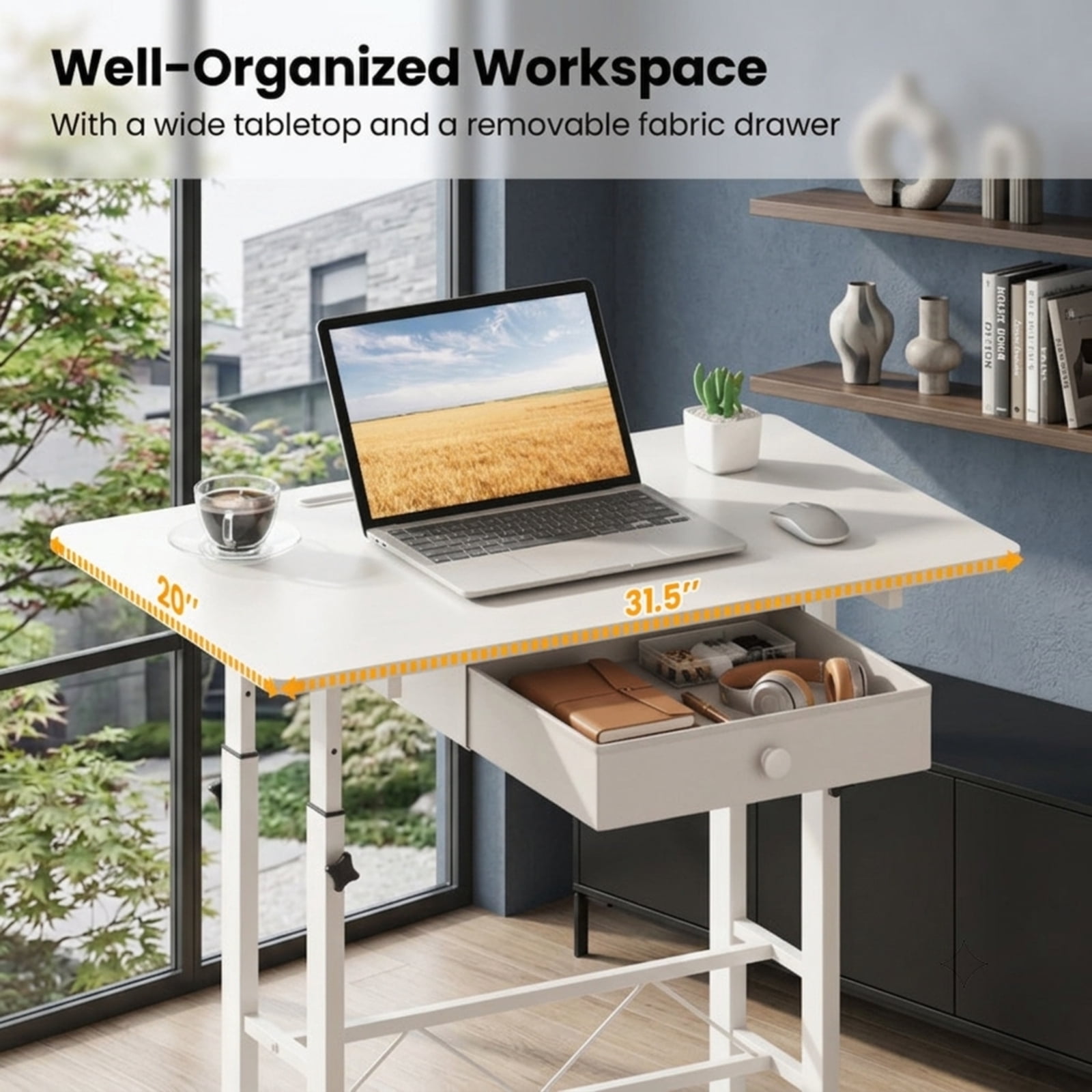 Furnibear Height Adjustable Standing Laptop Desk with Fabric Drawer Tablet Holder Lockable Wheels and Sit Stand Design for Home Office, White