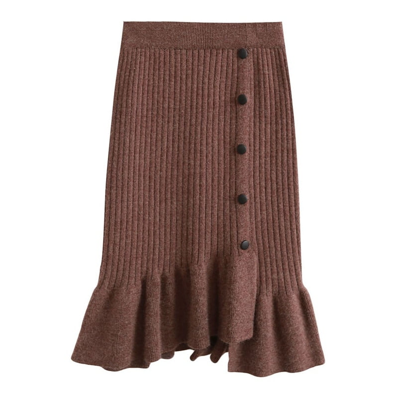 Wisremt Women Long Knitting Skirt Autumn Winter Female Ruffle Midi