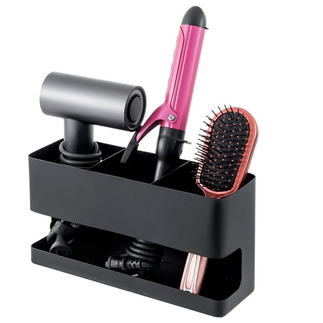 Organizador de herramientas para el cabello de metal negro moderno montado en la pared con 3 ranuras, soporte para accesorios de estilo de salón para secador de pelo, alisador y rizador