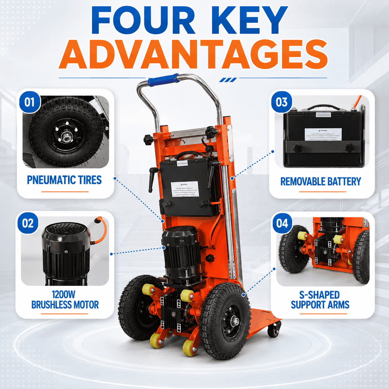 Orange Hand Trucks - 880lbs Capacity Electric Stair Hand Trucks 1200W Heavy Duty Stair Climber Trolley with Safety Rope and Solid Wheel for Moving Furni ture Logistics Warehous