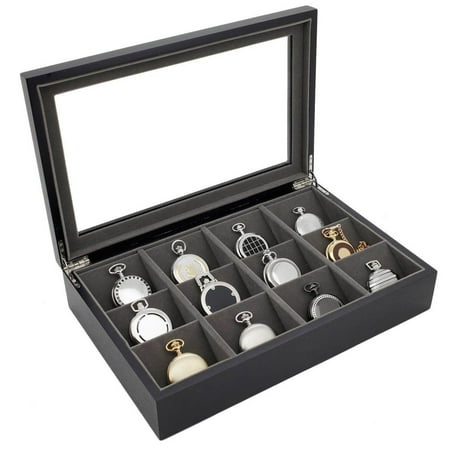 - Pocket Watch Box Display Case 12 Large Compartments Black Finish See Thru Top