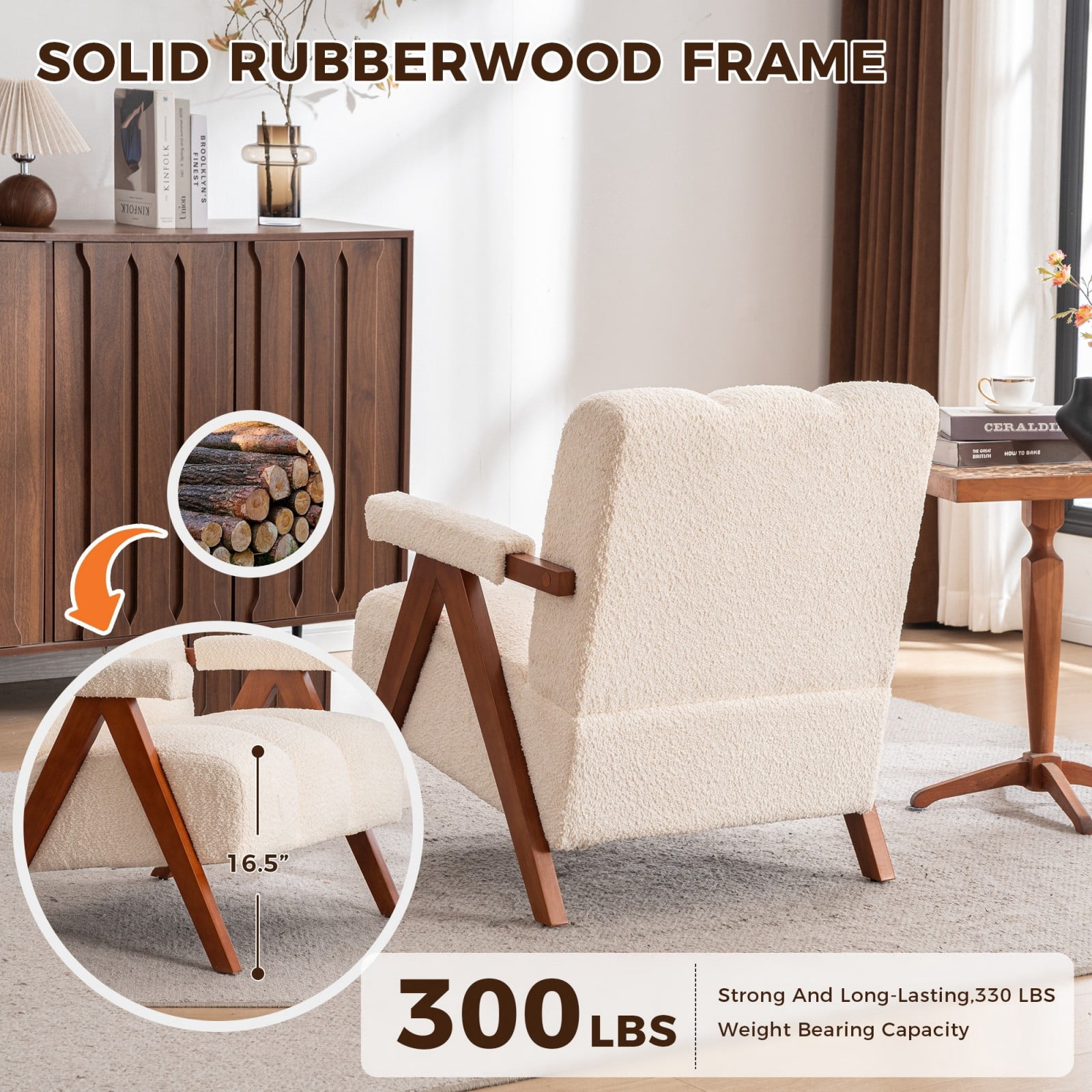 Mid-Century Modern Accent Chair Cloud-Shaped Chenille Lounge Armchair with Solid Oak Wood Frame, Upholstered Reading Chair for Living Room Bedroom Balcony, Beige